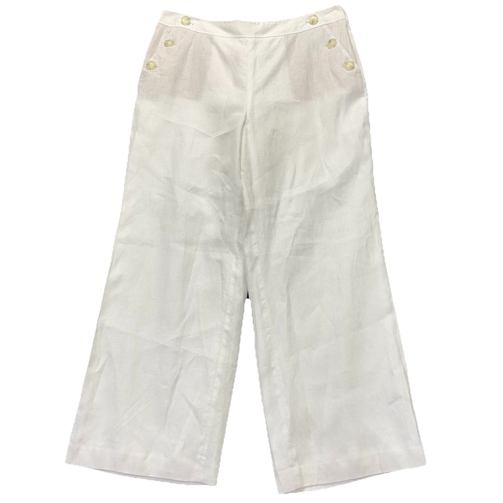 Talbots Linen Pants Womens 16 Petite Wide Leg Nautical Buttons Lined Coastal